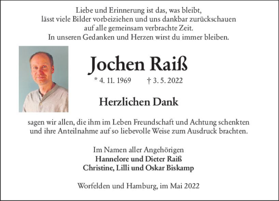 Traueranzeige von Jochen Raiß von vrm-trauer Groß-Gerauer Echo