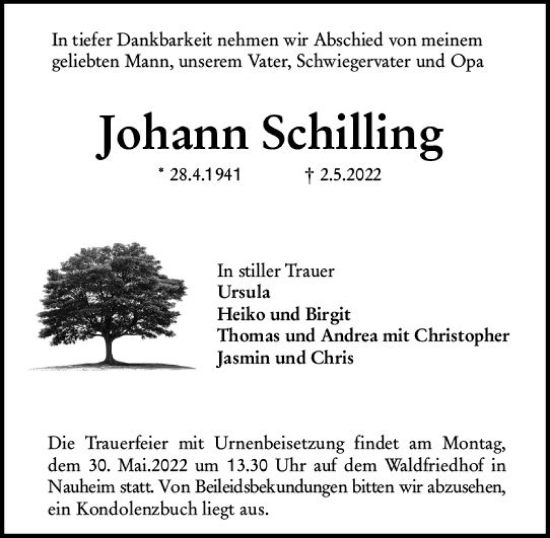 Traueranzeige von Johann Schilling von vrm-trauer Rüsselsheimer Echo / MainSpitze