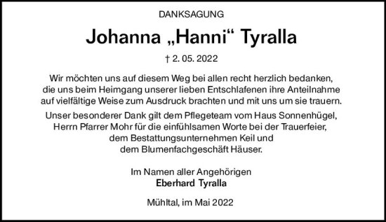Traueranzeige von Johanna Tyralla von vrm-trauer Darmstädter Echo