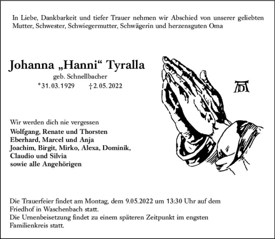 Traueranzeige von Johanna Tyralla von vrm-trauer Darmstädter Echo