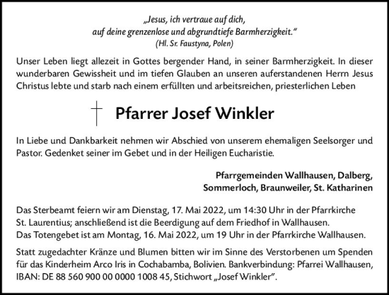 Traueranzeige von Josef Winkler von vrm-trauer Allg. Zeitung Bad Kreuznach