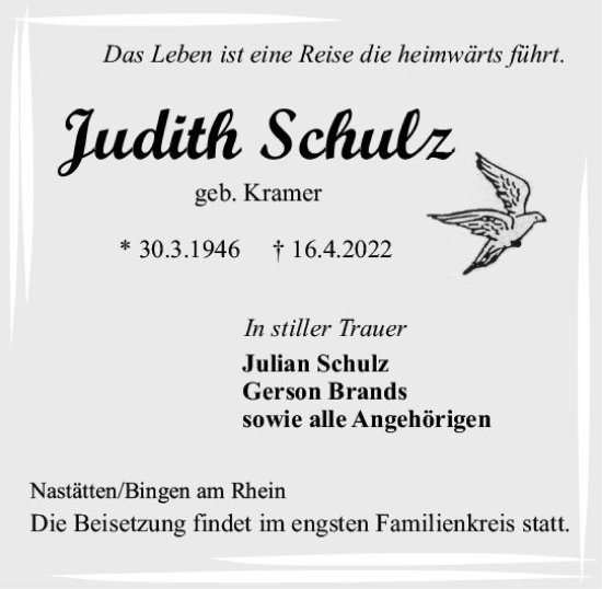 Traueranzeige von Judith Schulz von vrm-trauer Wiesbadener Kurier