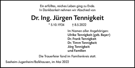 Traueranzeige von Jürgen Tennigkeit von vrm-trauer Darmstädter Echo