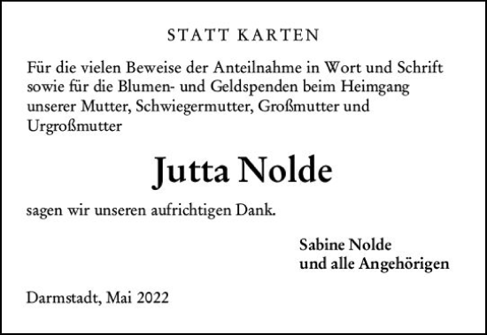 Traueranzeige von Jutta Nolde von vrm-trauer Darmstädter Echo