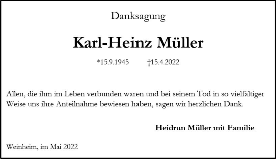 Traueranzeige von Karl-Heinz Müller von vrm-trauer Allgemeine Zeitung Alzey