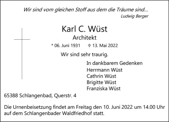 Traueranzeige von Karl C. Wüst von vrm-trauer Wiesbadener Kurier