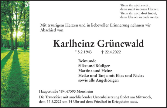Traueranzeige von Karlheinz Grünewald von vrm-trauer Wormser Zeitung