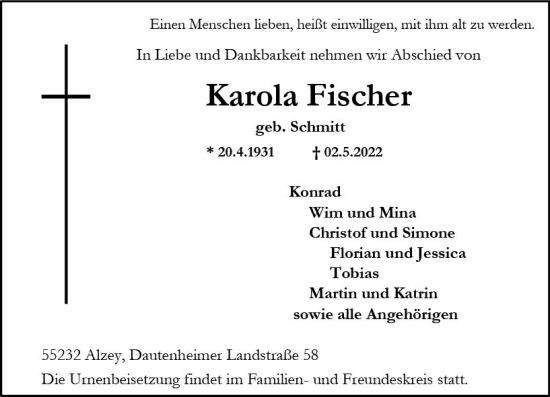 Traueranzeige von Karola Fischer von vrm-trauer Allgemeine Zeitung Alzey