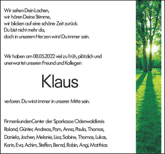 Traueranzeige von Klaus  von vrm-trauer Odenwälder Echo