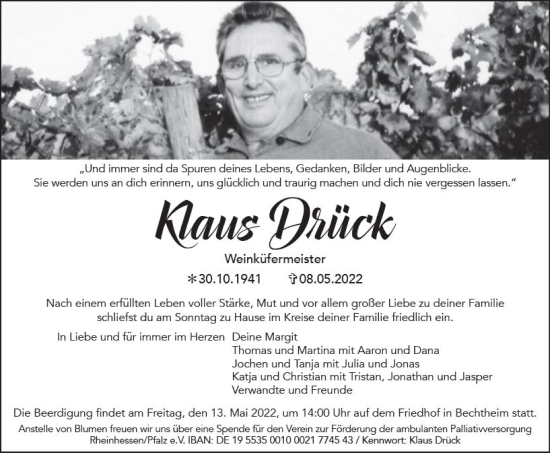 Traueranzeige von Klaus Drück von vrm-trauer Wormser Zeitung