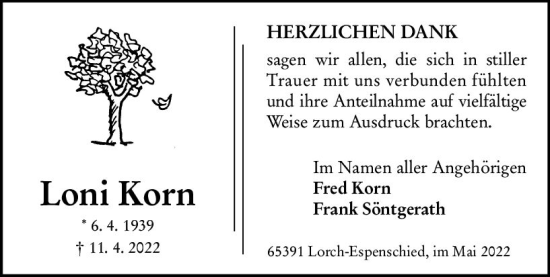 Traueranzeige von Loni Korn von vrm-trauer Rheingau