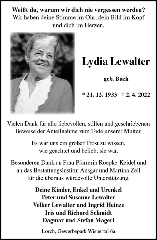 Traueranzeige von Lydia Lewalter von vrm-trauer Wiesbadener Kurier