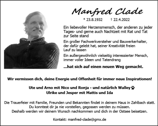 Traueranzeige von Manfred Clade von vrm-trauer AZ Mainz