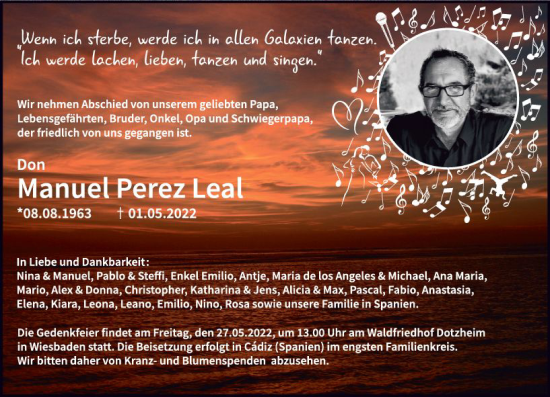 Traueranzeige von Manuel Perez Leal von vrm-trauer Wiesbadener Kurier