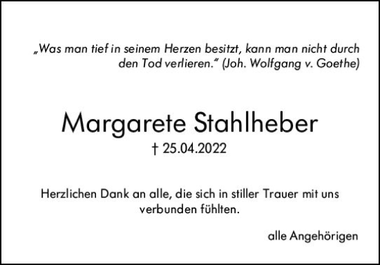 Traueranzeige von Margarete Stahlheber von vrm-trauer Idsteiner Zeitung