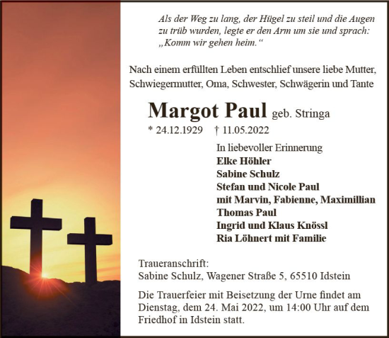 Traueranzeige von Margot Paul von vrm-trauer Idsteiner Zeitung