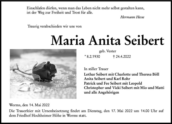 Traueranzeige von Maria Anita Seibert von vrm-trauer Wormser Zeitung