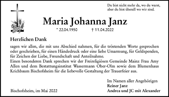 Traueranzeige von Maria Johanna Janz von vrm-trauer AZ Mainz