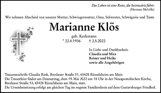 Traueranzeige von Marianne Klös von vrm-trauer Rüsselsheimer Echo / MainSpitze
