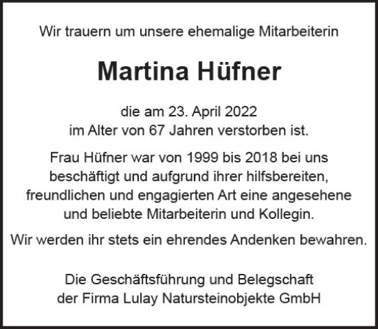 Traueranzeige von Martina Hüfner von vrm-trauer Bürstädter/Lamperth. Ztg/Starkenburger