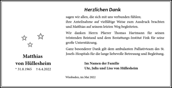 Traueranzeige von Matthias von Hüllesheim von vrm-trauer Wiesbadener Kurier