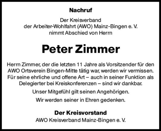 Traueranzeige von Peter Zimmer von vrm-trauer Allgemeine  Zeitung Ingelheim-Bingen