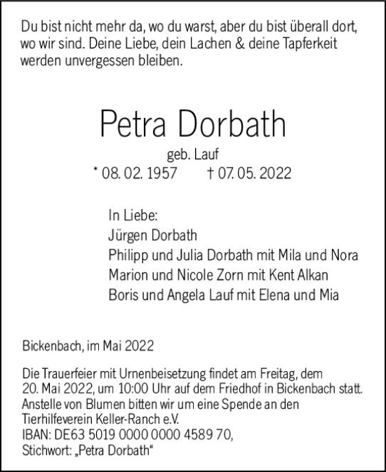 Traueranzeige von Petra Dorbath von vrm-trauer Darmstädter Echo