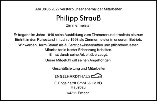 Traueranzeige von Philipp Strauß von vrm-trauer Odenwälder Echo