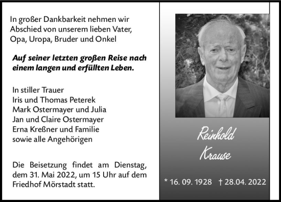 Traueranzeige von Reinhold Krause von vrm-trauer Wormser Zeitung