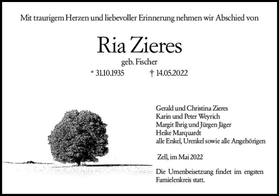 Traueranzeige von Ria Zieres von vrm-trauer Odenwälder Echo
