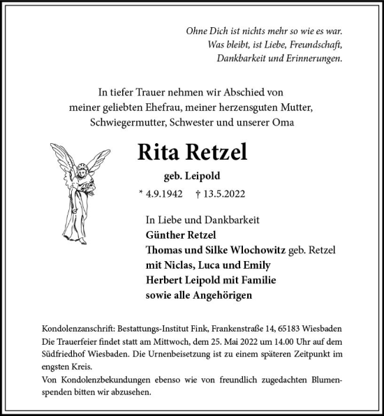 Traueranzeige von Rita Retzel von vrm-trauer Wiesbadener Kurier