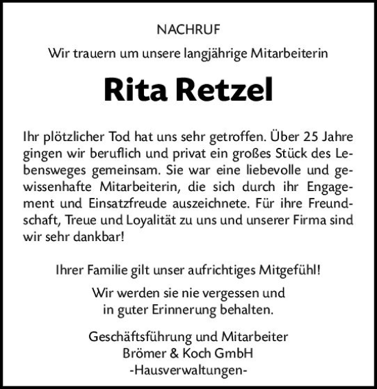 Traueranzeige von Rita Retzel von vrm-trauer Wiesbadener Kurier