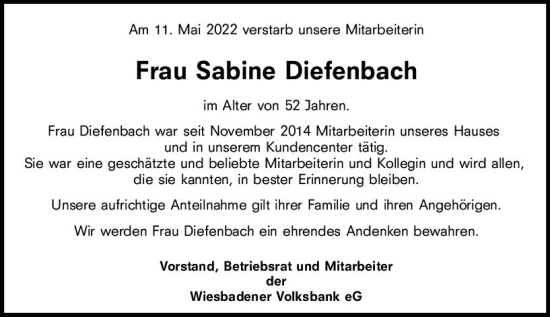 Traueranzeige von Sabine Diefenbach von vrm-trauer Wiesbadener Kurier