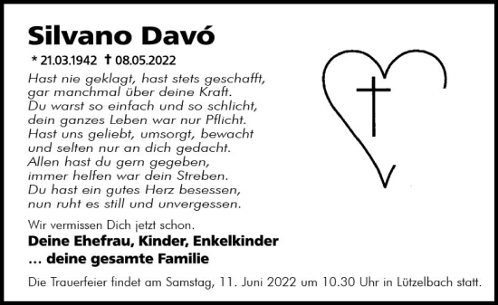 Traueranzeige von Silvano Davo von vrm-trauer Odenwälder Echo