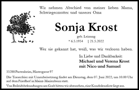 Traueranzeige von Sonja Krost von vrm-trauer AZ Mainz