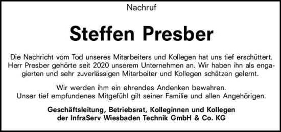 Traueranzeige von Steffen Presber von vrm-trauer Wiesbadener Kurier
