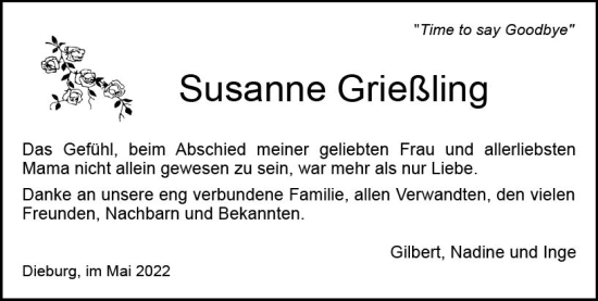 Traueranzeige von Susanne Grießling von vrm-trauer DieburgerAnzeiger/Groß-Zimmerner Lokala