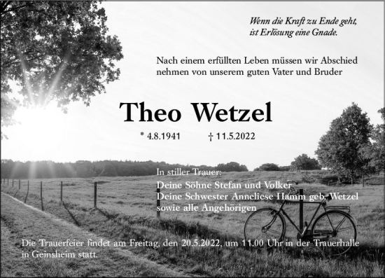 Traueranzeige von Theo Wetzel von vrm-trauer Groß-Gerauer Echo
