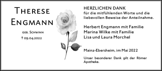 Traueranzeige von Therese Engmann von vrm-trauer AZ Mainz