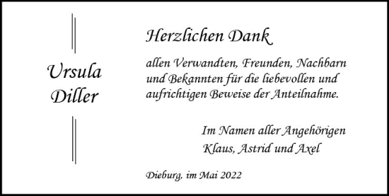 Traueranzeige von Ursula Diller von vrm-trauer DieburgerAnzeiger/Groß-Zimmerner Lokala