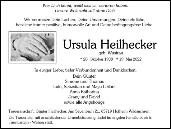 Traueranzeige von Ursula Heilhecker von vrm-trauer Wiesbadener Kurier