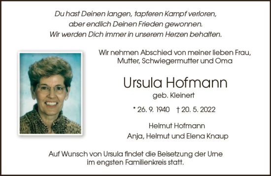 Traueranzeige von Ursula Hofmann von vrm-trauer Darmstädter Echo