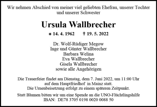 Traueranzeige von Ursula Wallbrecher von vrm-trauer AZ Mainz