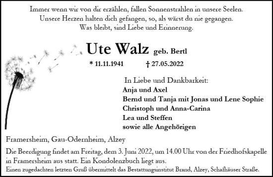 Traueranzeige von Ute Walz von vrm-trauer Allgemeine Zeitung Alzey