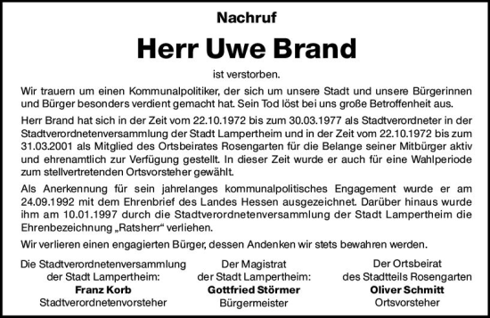 Traueranzeige von Uwe Brand von vrm-trauer Bürstädter/Lamperth. Ztg/Starkenburger
