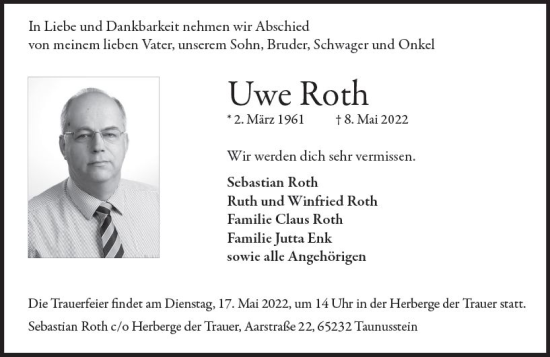 Traueranzeige von Uwe Roth von vrm-trauer Wiesbadener Kurier