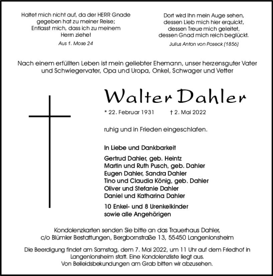 Traueranzeige von Walter Dahler von vrm-trauer Allg. Zeitung Bad Kreuznach