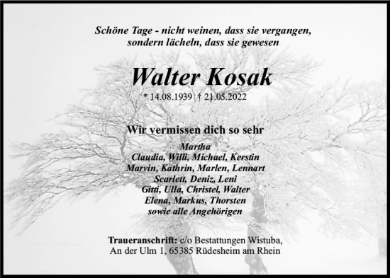 Traueranzeige von Walter Kosak von vrm-trauer Wiesbadener Kurier