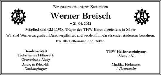 Traueranzeige von Werner Breisch von vrm-trauer Allgemeine Zeitung Alzey