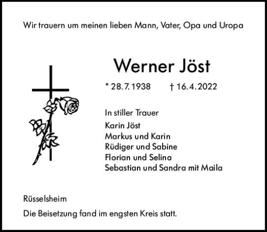 Traueranzeige von Werner Jöst von vrm-trauer Rüsselsheimer Echo / MainSpitze